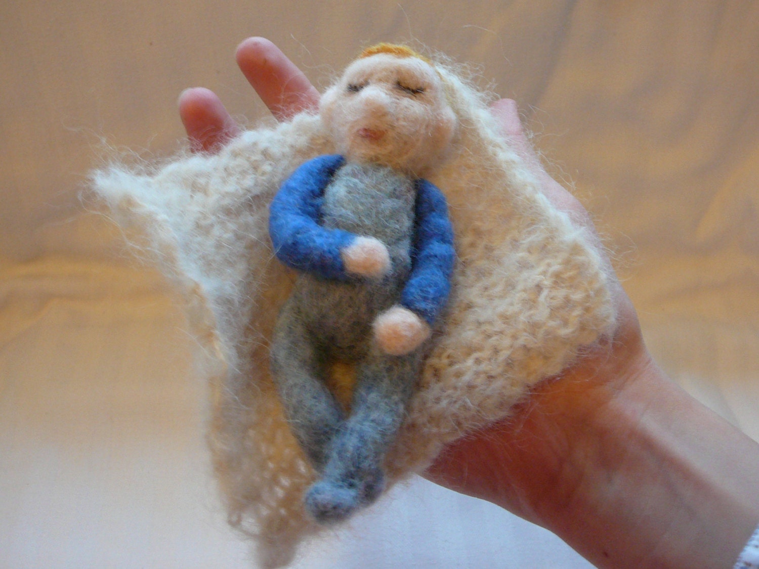 Needle Felted Baby with Hand-Knit Wool Blanket