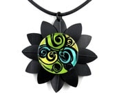 Recycled Bike Inner Tube Daisy Flower Necklace w/ Yellow, Green, & Blue Abstract Retro Swirl Design, Rubber Cord - Bike Jewelry