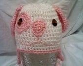 Cute white and pink puppy hat, crochet winter hat with ear flaps.  Sizes youth and adult.  girls, baby, baby shower