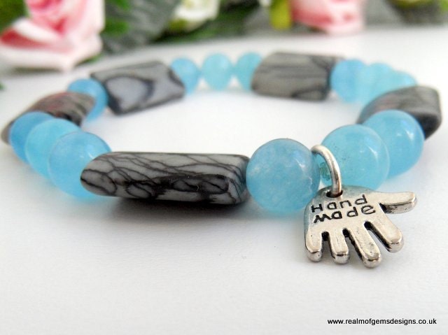 blue stretch bracelet handcrafted jewellery black and blue beaded bangle jade and jasper braceletby Realm of Gems Designs