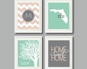 Family Tree Four Print Set - Home Decor - 8x10 - Chevron Monogram Initials, State Map, Tree, Home Sweet Home - Choose Your Own Colors