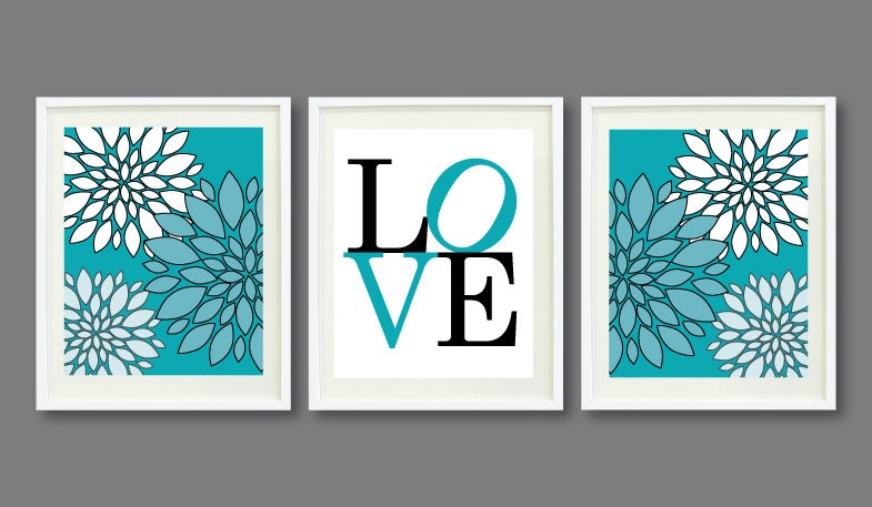Three Print Set-Flowers-LOVE-Kids Room, Nursery, Home Decor-11x14-Turquoise and Black OR Choose Colors-Trio-3-Dorm, Teen, Abstract