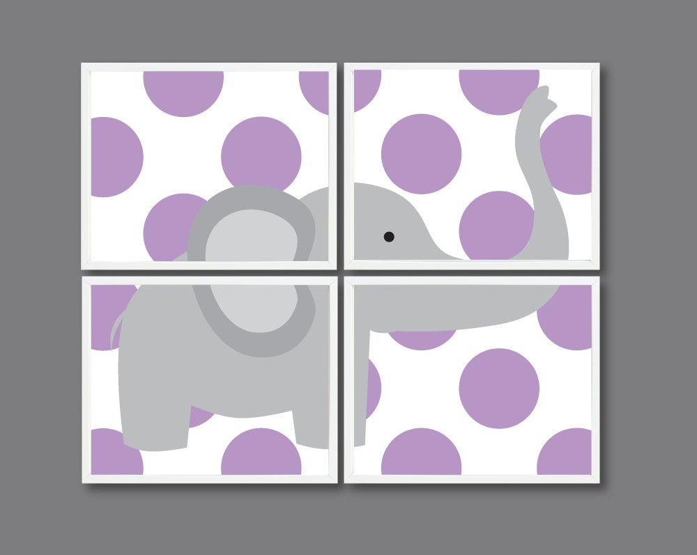 Elephant Nursery Art Print Set of Four - 8x10 - Polka Dots - Kids Room, Nursery, Home Decor - Purple and Grey/Gray OR Choose Colors - 4