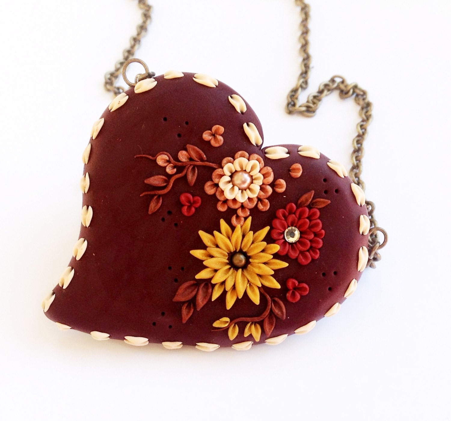Boho Necklace, Polymer Clay Pendant, Polymer Clay Applique and Embroidery, Polymer Clay Jewelry, unique Mother's Day gift