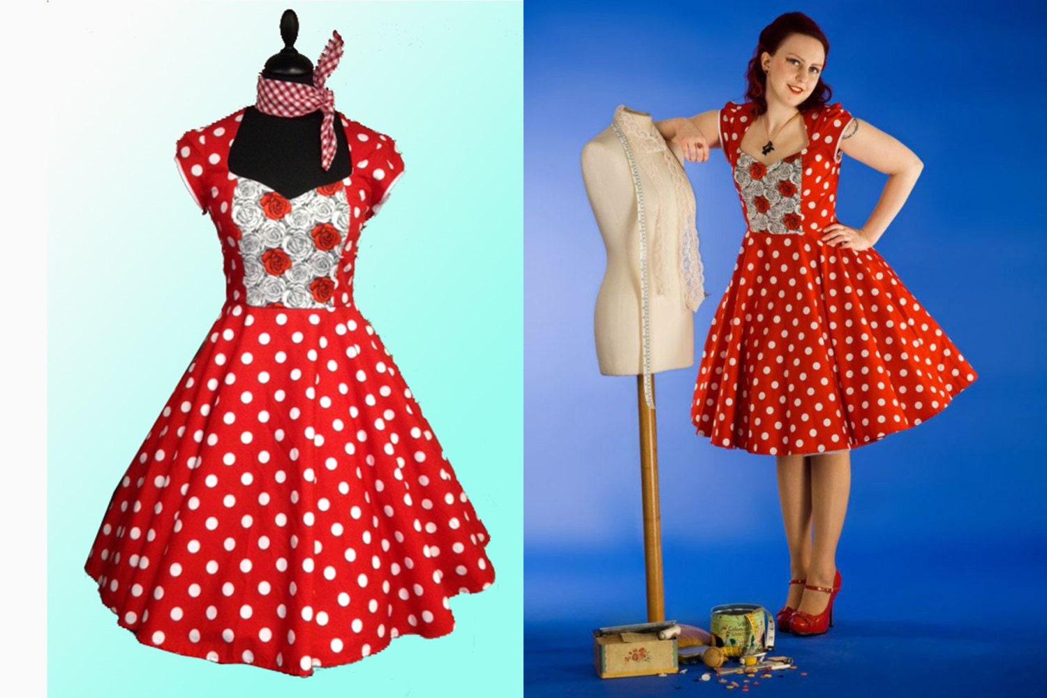 MADE TO ORDER, Red Polka Dot & Rose Print, handmade 50's inspired cotton dress, sweetheart neckine, capped sleeves, available in sizes 8-20