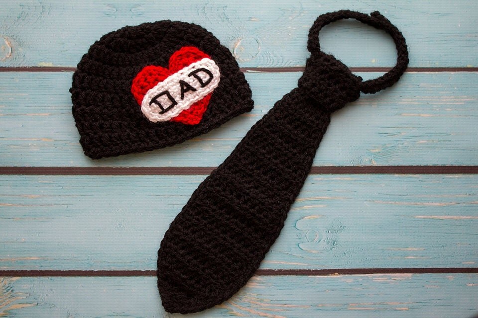 Crochet Newborn baby boy hat and necktie set photography prop infant boy love mom love dad heart tattoo beanie crochet - MADE TO ORDER