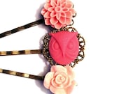 Pink and Peach Vintage Rose and Owl Bobby Pins, Set of 3 - Antique Bronze Base, Resin Cabochons, Shabby Chic, Coral, Hair, Bridesmaid Gift