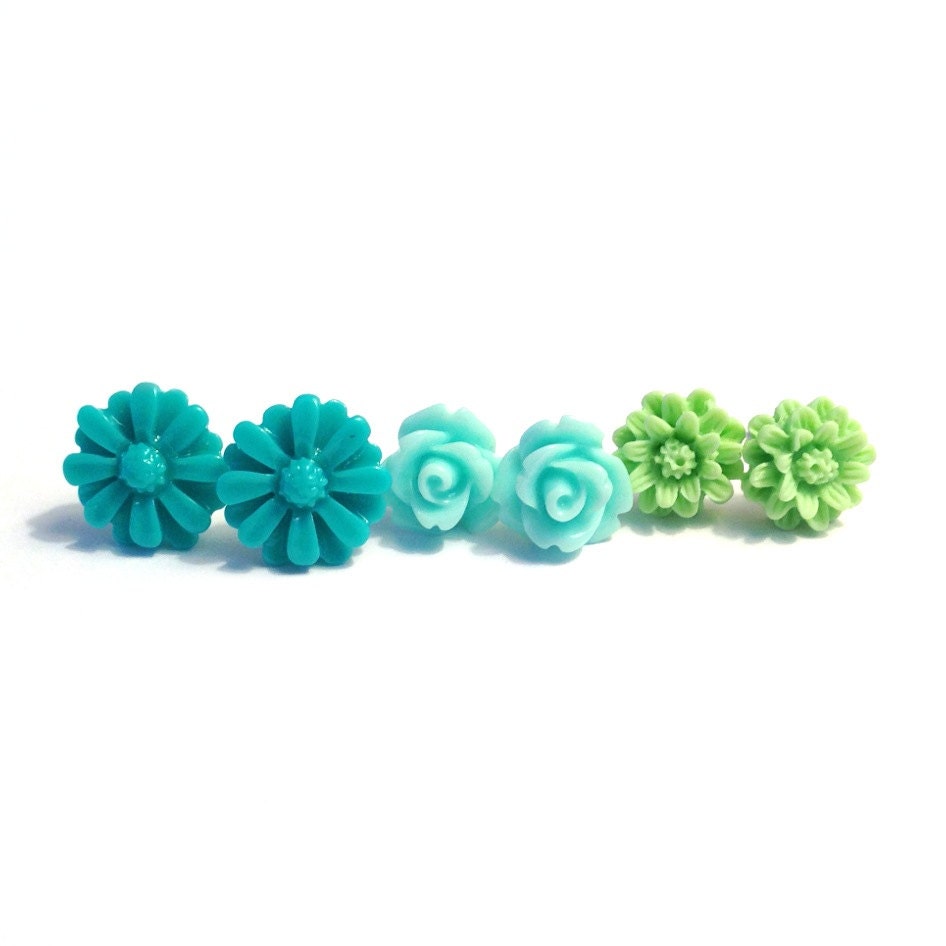 Green Floral Earrings, Set of 3 - 14mm Teal Daisies, 10mm Mint Roses, 10mm Lime Mums, Spring, Resin Cabochons, Flowers, Bridesmaid Jewelry