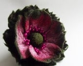 Felted Flower Pin, Hair Clip, Poppy Brooch, Felted Jewelry, Green & Pink Flower, " A little bit different poppy"