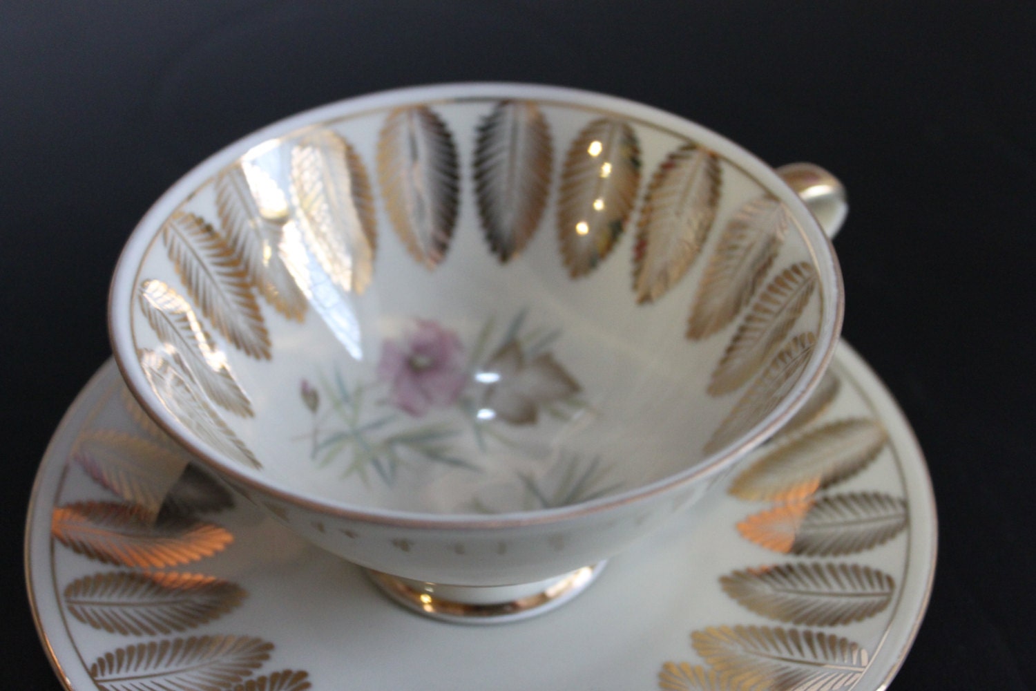 Vintage Gold Gilt Bareuther Bavaria Tea Cup Duo Floral Palm Leaf Design Shabby Cottage Chic