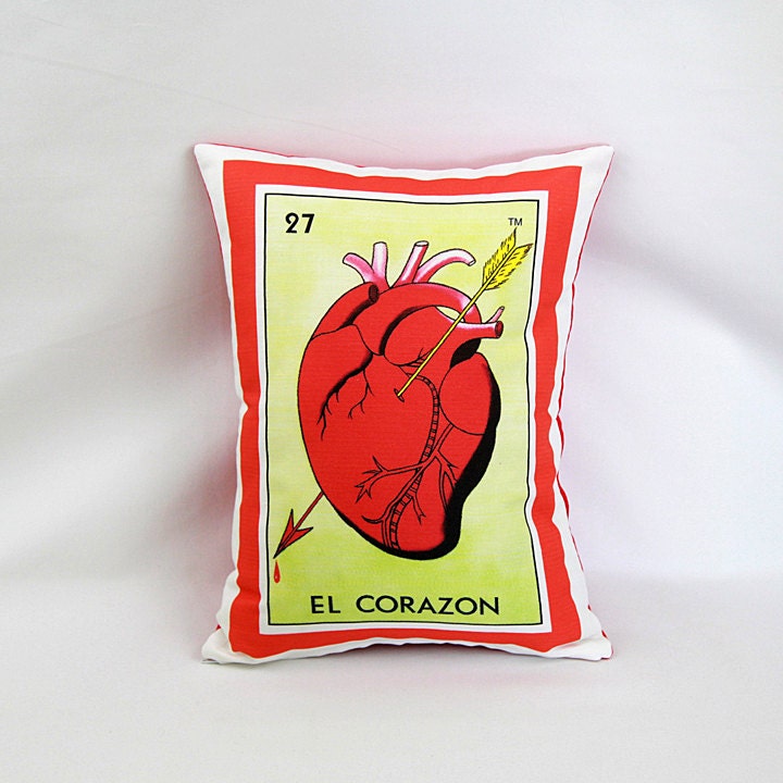 Corazon (heart) Loteria Pillow Cover with Zipper - Linen Cotton Canvas - Mexican Chic - Day of the Dead, Dia de los Muertos / Free Ship