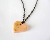 Peach heart pendant with golden foil details- Polymer clay and resin jewelry- Delicate and elegant