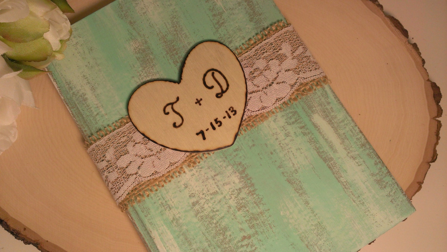 Personalized rustic guest book, country mint wedding guest book burlap and lace wedding