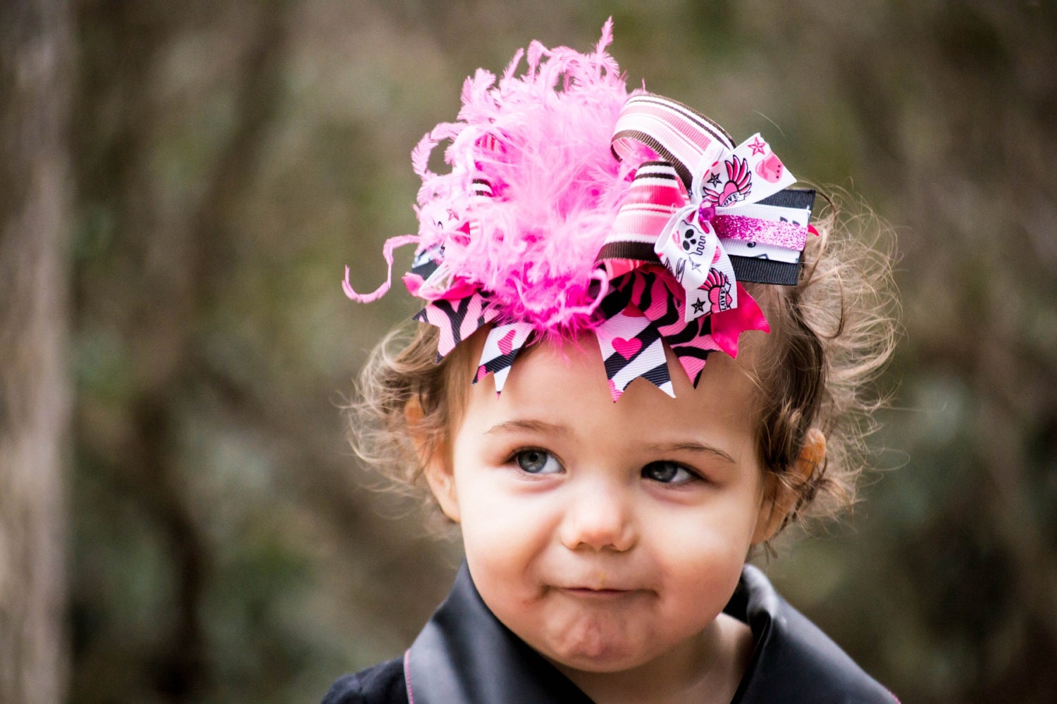OTT Punk Rocker Hair Bow Clip- Pink and Black Skull Rock and Roll Hair Bow - Newborn Headband- Infant Hair Bow- Toddler Hair Bow- Hair Clip