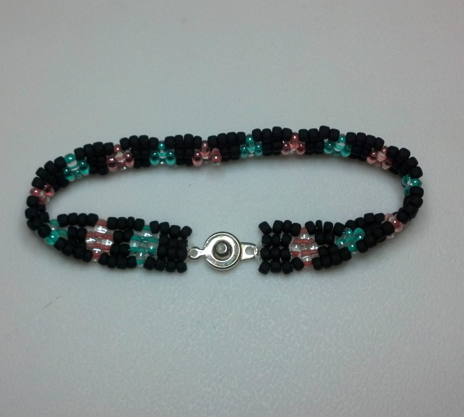 Black, Teal, and Pink Seed Bead Bracelet - Hand-woven