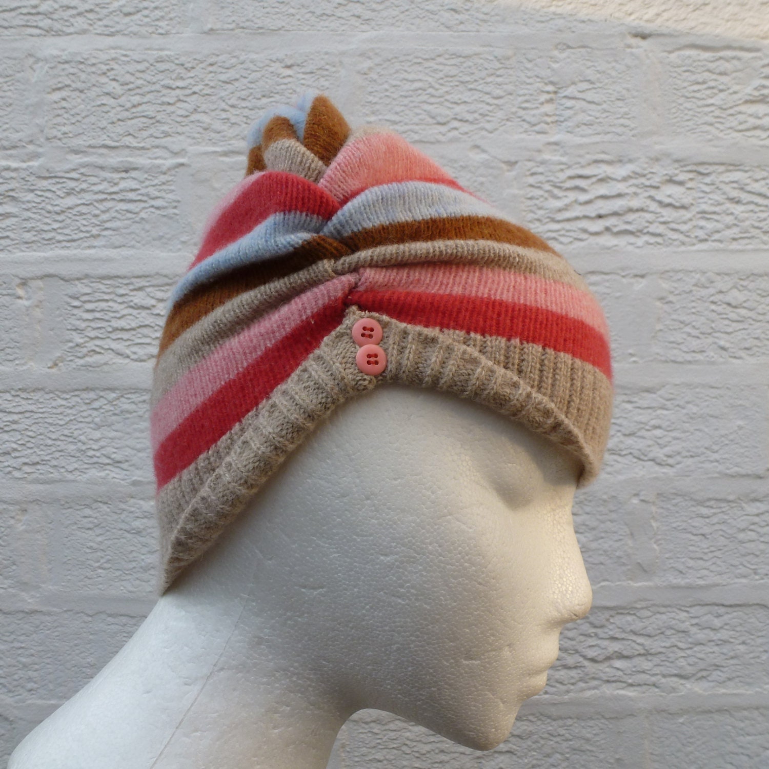 Stripes wool beanie. Brown Red Blue Pink ruche small toque hat Retro buttons trim.
