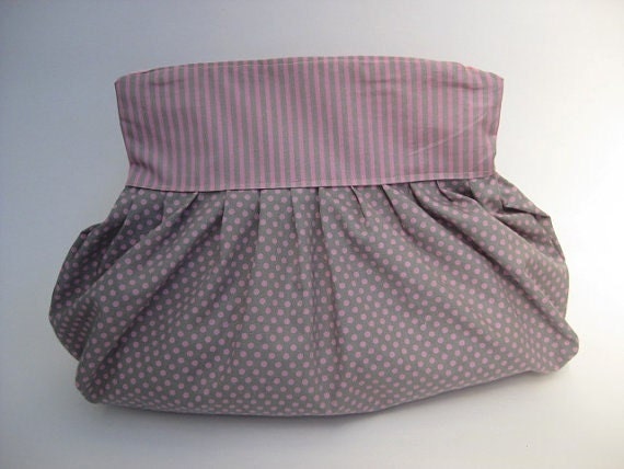 Polka dot clutch - grey pink clutch - pleated purse - zippered clutch - ruched handbag - pink gray purse
