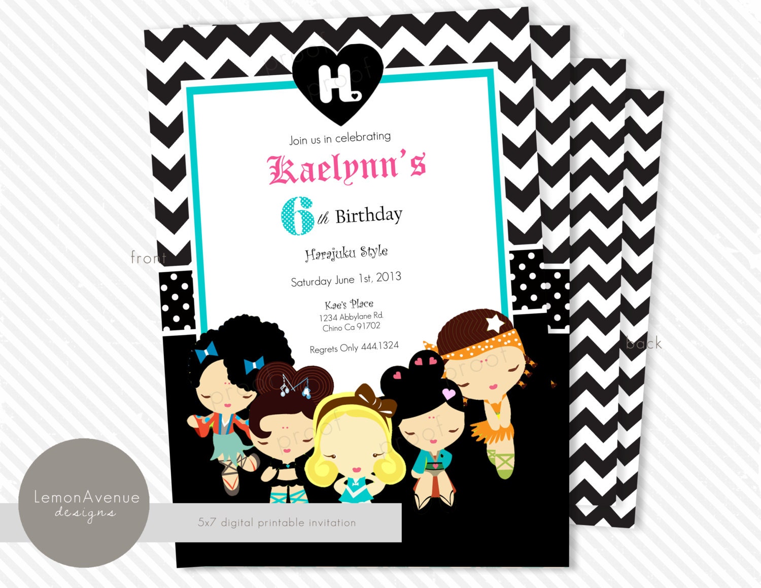 Harajuku Dolls Invitation and Toppers - harajuku, black and white, teal, polk a dot, cupcake toppers, chevron black, stripes- you print Il_170x135