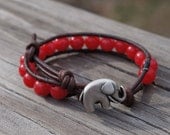 Leather Wrapped Bracelet with Red Jade Beads and Lucky BoHo Elephant Button