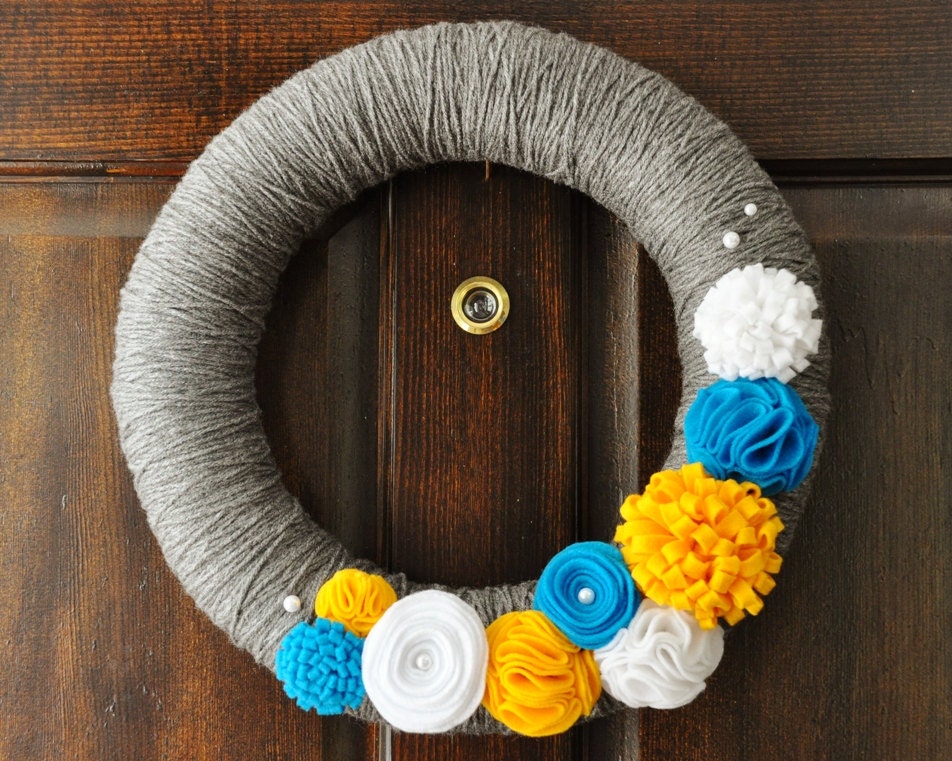 Yarn Wreath - Heather Grey Yarn Covered Wreath with Yellow/Gold White and Teal Felt Flowers and White Pearl Embellishments