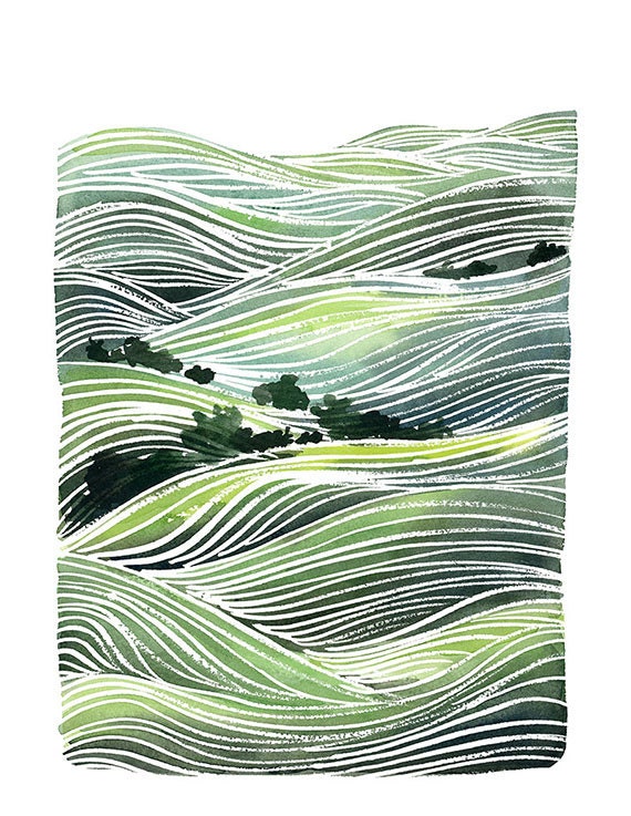 Handmade Watercolor Painting- Landscape Green Hills- 8x10 Wall Art Watercolor Print