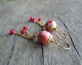 Pink earrings - pink red porcelain - red flowers - gold chain earrings - pink gold jewelry - europeanstreetteam