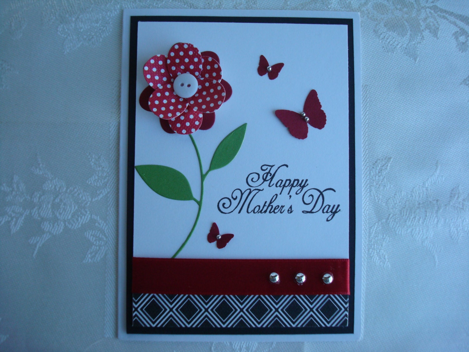 Handmade Clean and Simple Happy Mother's Day Floral Card with Butterflies, Ribbon and Silver Pearls