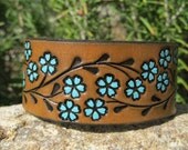 Hand Painted Tooled Leather Cuff Bracelet - Wide - Brown and Turquoise Floral Vine - Women and Girls - Snap