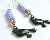 OOAK Black Bird Crow Raven Blue Paper Beads Recycled Material Envelope Dangling WIre Hook Asian Earrings Upcycled Repurposed Bead Jewelry