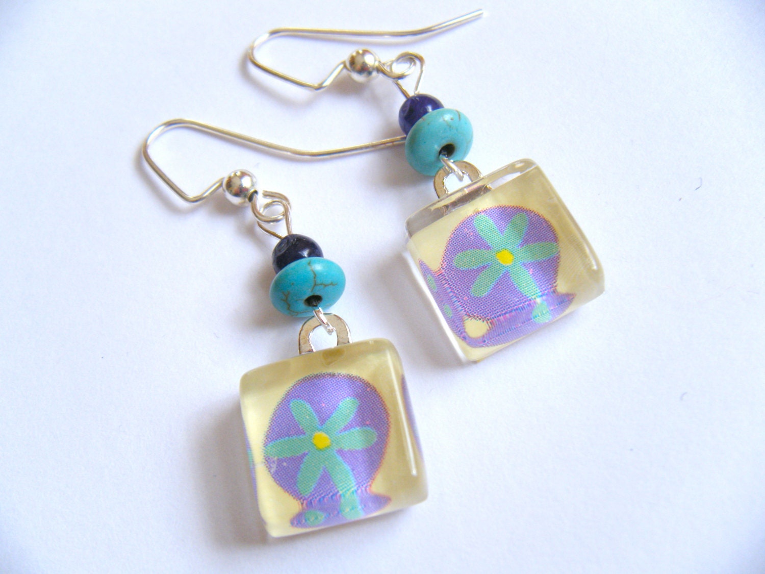 OOAK Purple Turquoise Pastel Spring Flower Glass Tile Dangle Earrings Recycled Material Paper Silver Beads Upcycled Repurposed Jewelry