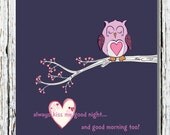 Girls Nursery Room Whimsical OWL, Custom Wall Decor, Always Kiss Me Good Night, Art Print, 8 x10, Choose colors, fonts