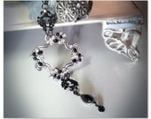 Spellbound- Iridescent rhinestones pendant black damask elegant filigree necklace victorian chic goth edwardian nouveau boho noir jewelry