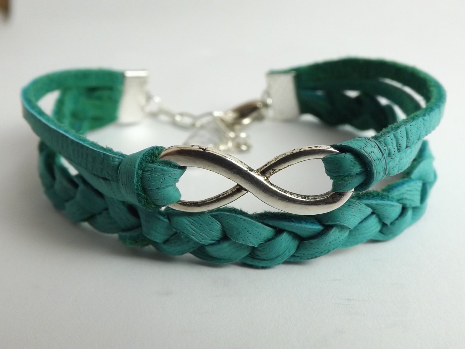 Teal Leather Infinity Charm Bracelet - Double Bands - USA Seller - "Forever" - gifts for her - deerskin lace