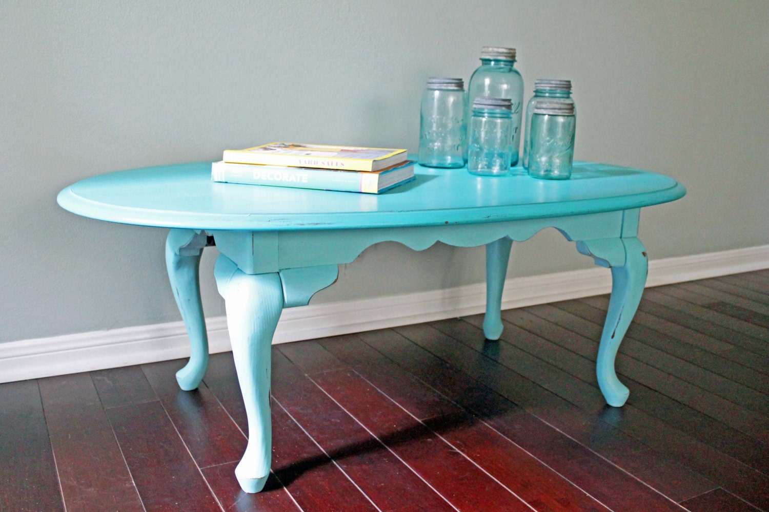 Vintage Queen Anne Painted Distressed Turquoise Aqua Blue Coffee Table Houston Texas