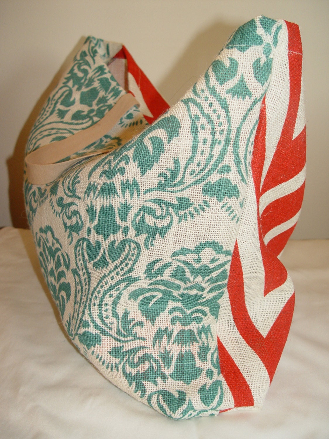 TOTE BAG - Handmade Hessian Tote Bag, Two Way Teal and Red Chevron design. Beach bag, nappy bag, market bag or carry all canvas jute bag.