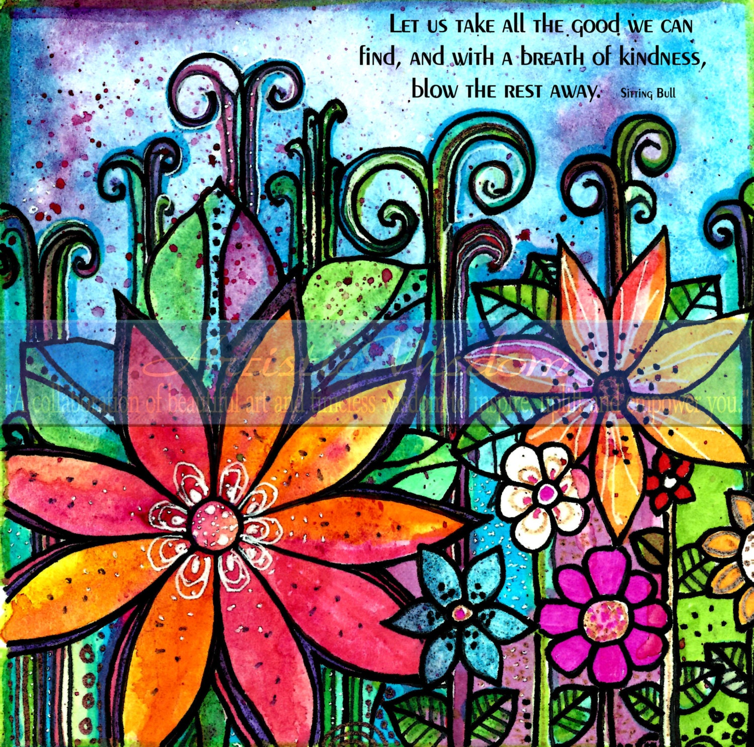 All the Good original digital and watercolor inspirational wisdom collage art flowers garden leaves hills landscape print 8 x 8