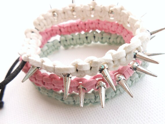 Sales 40% off -  Lot de 3 Bracelets tressés et spikes - couleur rose/blanc/menthe