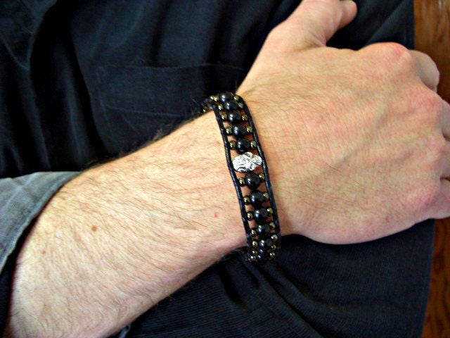 Black Wood Beads, Brown Iris Seed Beads, Silver Skull Accent Black Leather Cuff Men's Bracelet, Single Wrap Bracelet
