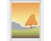 40% OFF SALE Fall Print, Autumn Print, Golden Leaf, Landscape Art, Landscape Illustration, Mountains, Tree, 8 x 10 Digital Illustration