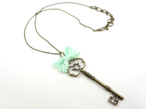Antique Key Necklace Pendant with Turquoise Pastel Green Bow Tie Long Necklace Unique Spring Jewelry