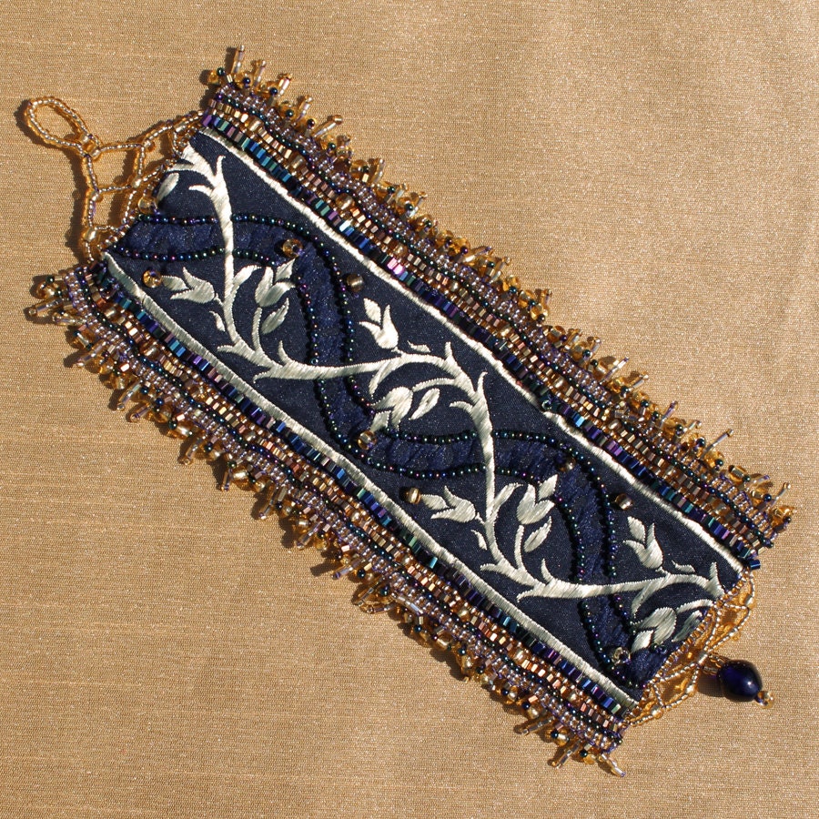 navy blue and gold beaded cuff, Jacquard ribbon bracelet, bead embroidered bracelet, handmade, seed bead jewelry, beaded cuff