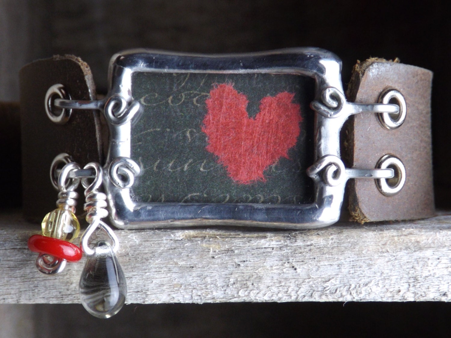 Paper Heart Soldered Bracelet with Leather Band