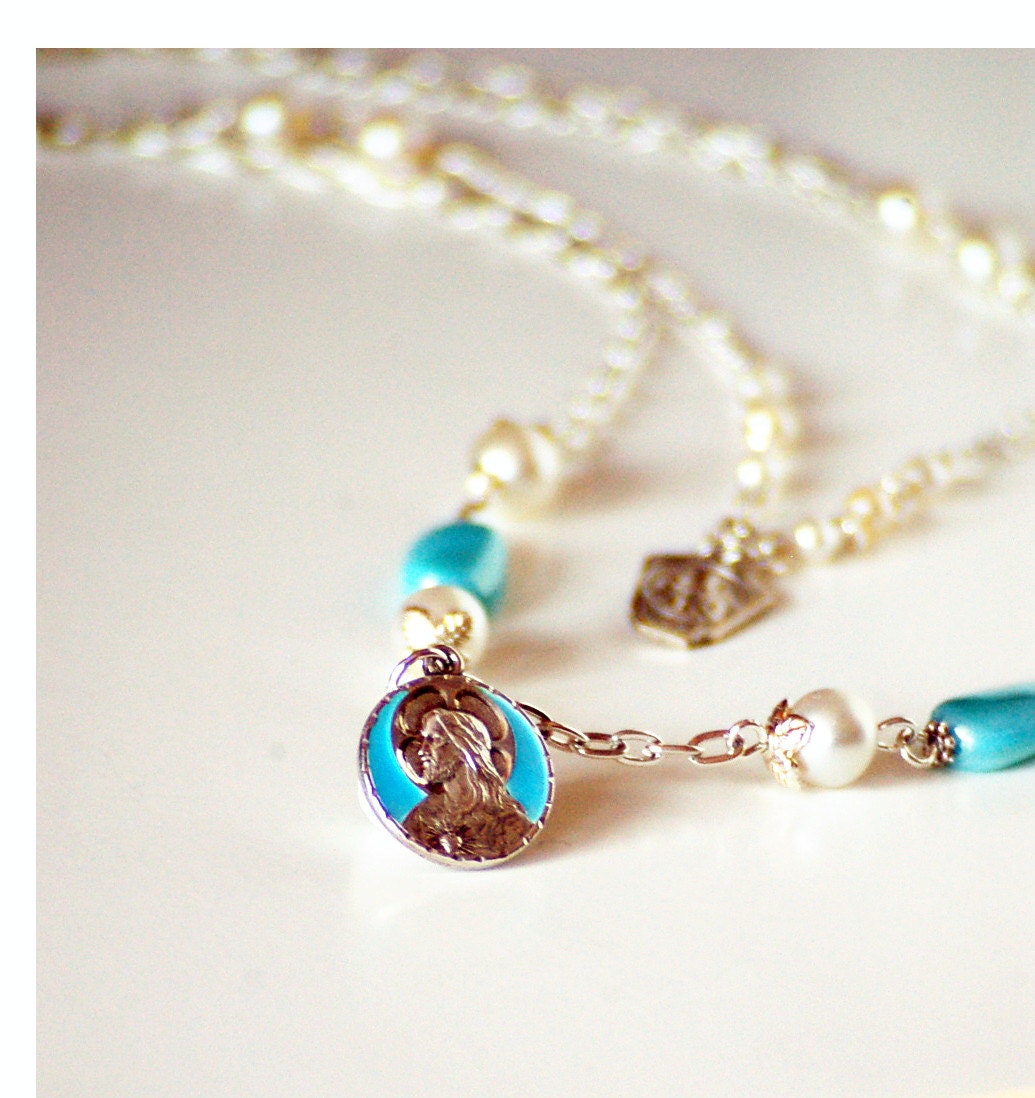 Sacred Heart Medal - Saint Anne Medal with Blessed Mother, Catholic necklace for religious jewelry