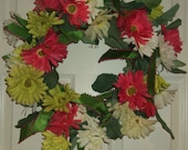 Bright Daisy Wreath in Pinks Greens White
