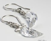 Crescent Moons Clear Quartz Crystal Earrings, Recycled Silver Jewelry April Birthstone