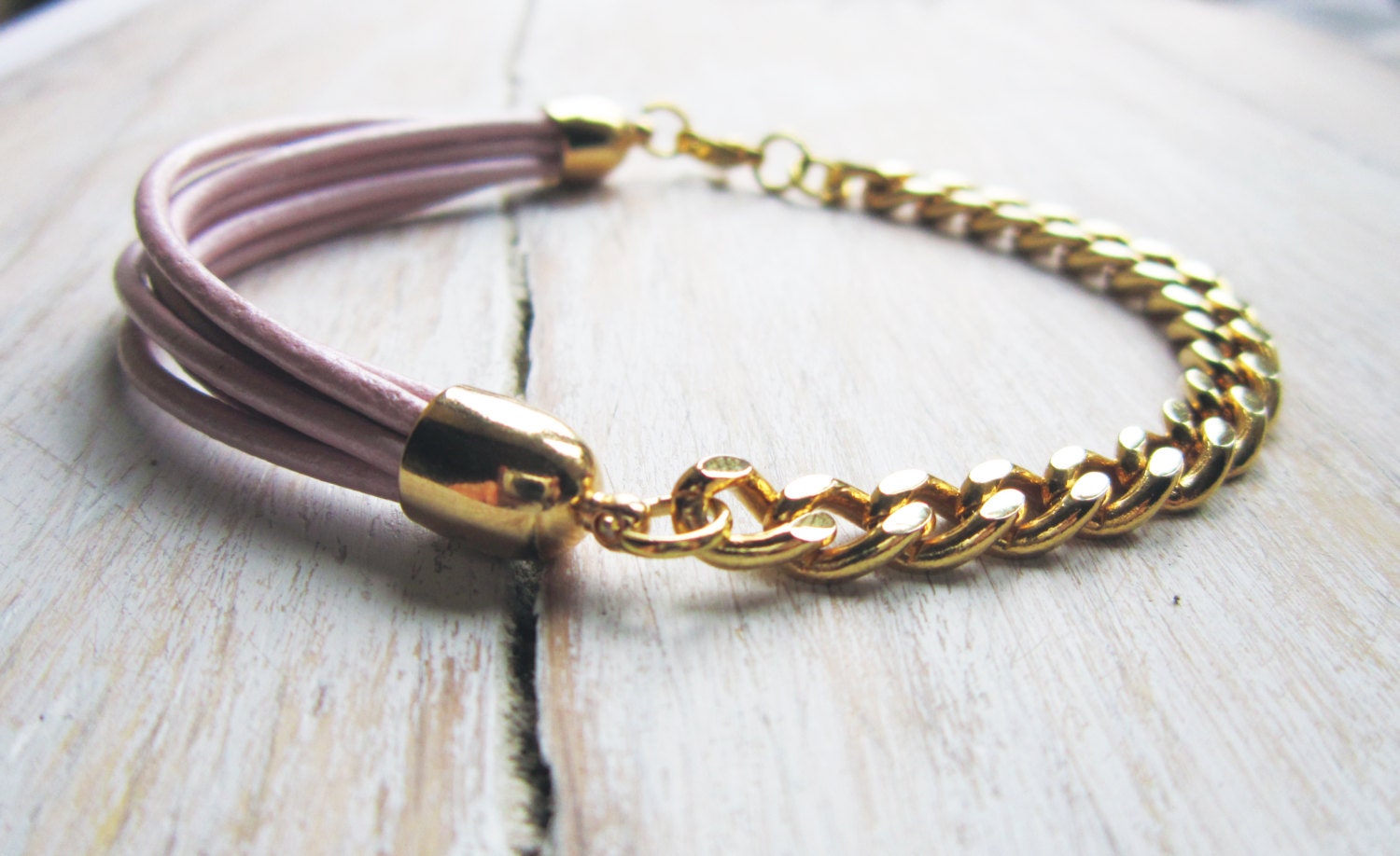 Metallic Pink - Half and Half - Leather Cord and Chunky Chain Bracelet - Free Shipping