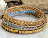 3 triple three Chan luu inspired wrap leather bracelet custom boho surfer style with GP gold plated crystal glass beads leaf charm pendants