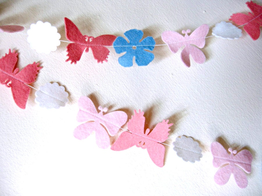 Flower and Butterfly Felt Garland - spring decor, felt bunting, flower bunting, butterfly bunting, summer decor