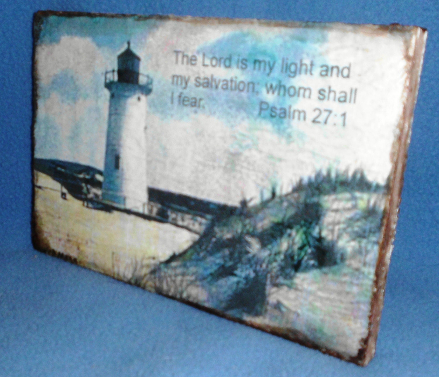 Lighthouse at MA seashore-Psalm 27:1-Recycled Wood-Wall Hanging-Wall Decor for home decor-shabby chic-vintage look, antiqued houseware