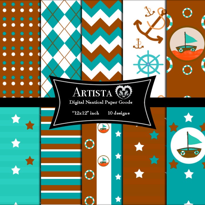 Digital Nautical Kids Party Theme Paper Goods Sailor, ship, anchor, stars, sea, compass Premade Pages